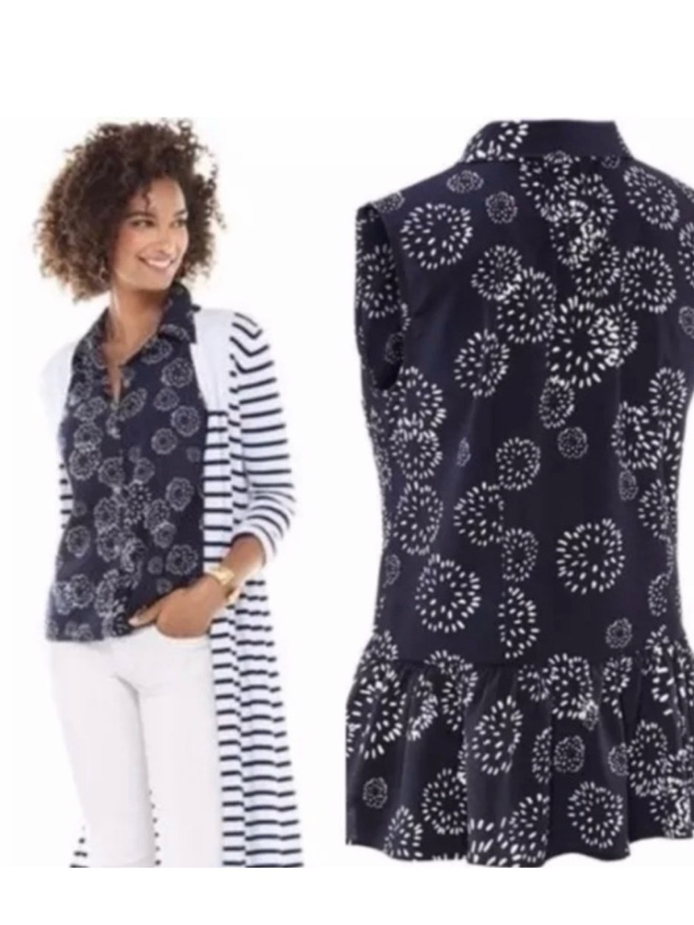 CAbi #5215 Navy & White Sleeveless Floral Burst Ruffle Hem Blouse